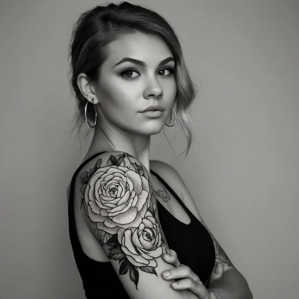 Black and gray tattoo of detailed roses with leaves on the upper arm, showcasing intricate shading and delicate lines.