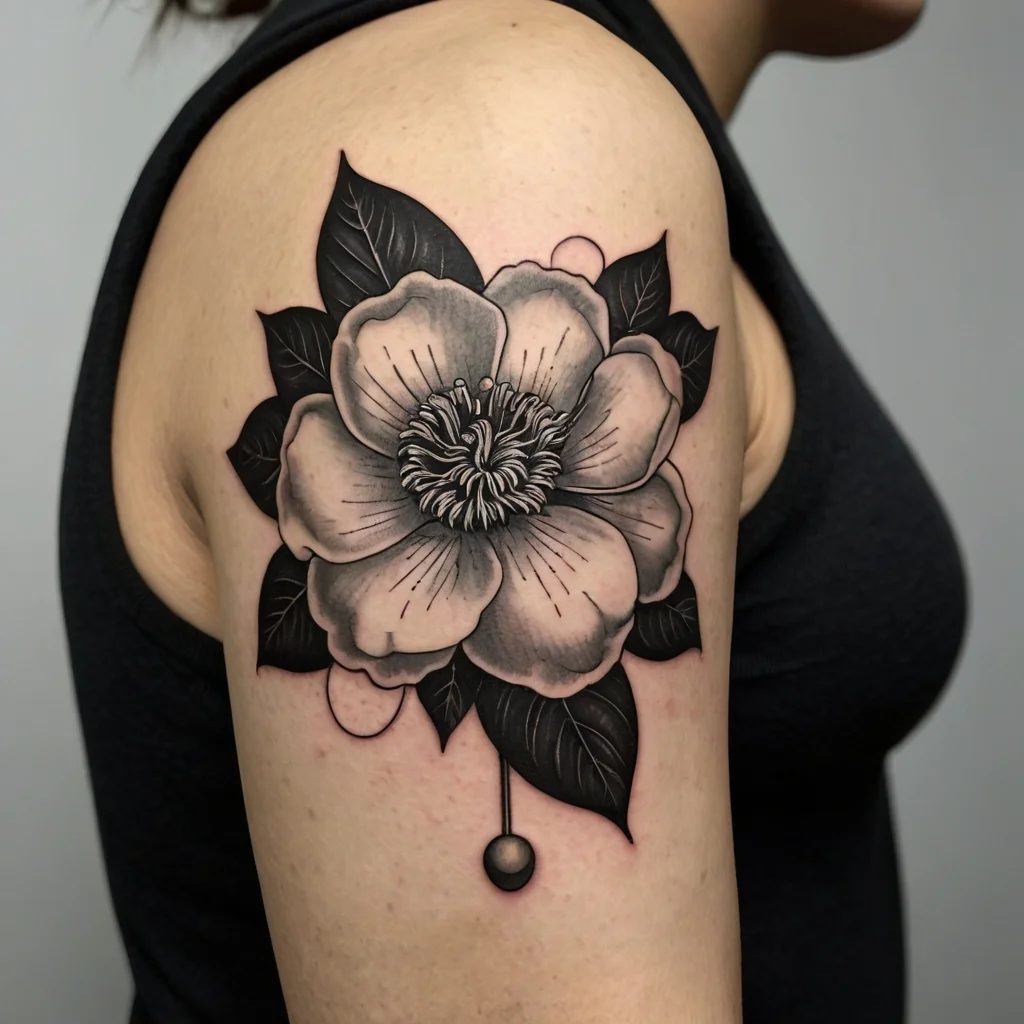 Black and gray floral tattoo on upper arm, showcasing a large flower with detailed petals and leaves, stylized shading.