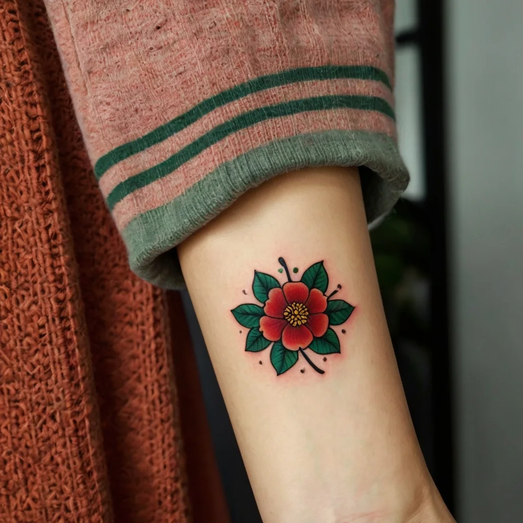 Traditional floral tattoo with a red flower, green leaves, and dot accents, showcasing a bold and vibrant design.