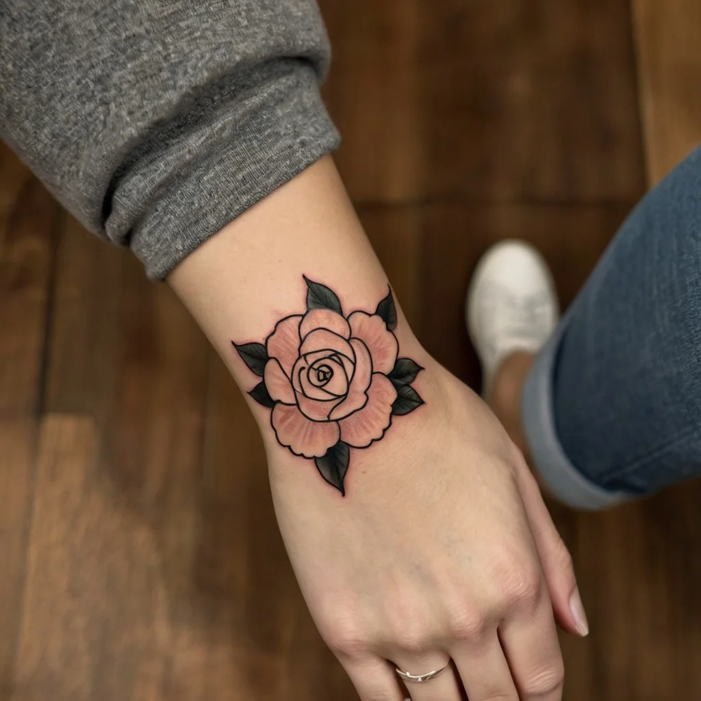 Tattoo of a stylized pink rose with black outlines and green leaves on the wrist, featuring bold, clean lines.