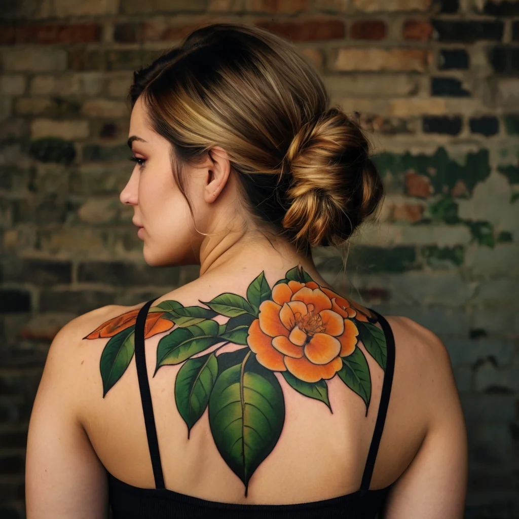 A vibrant tattoo featuring large orange flowers with lush green leaves, elegantly spread across the upper back.