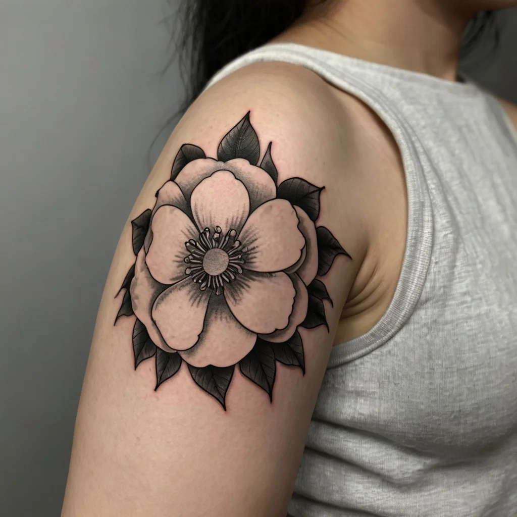 Arm tattoo of a stylized flower with bold outlines, featuring soft pink petals and intricately shaded leaves in black and gray.