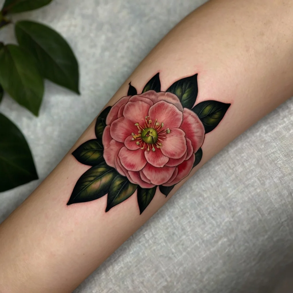 Tattoo of a detailed pink peony with layered petals and rich green leaves on forearm, showcasing vibrant realism.