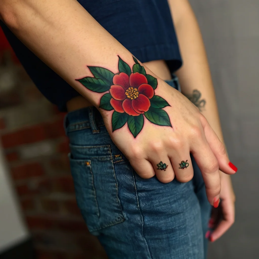 A vibrant red flower tattoo with lush green leaves adorns the hand, complemented by small floral designs on fingers.