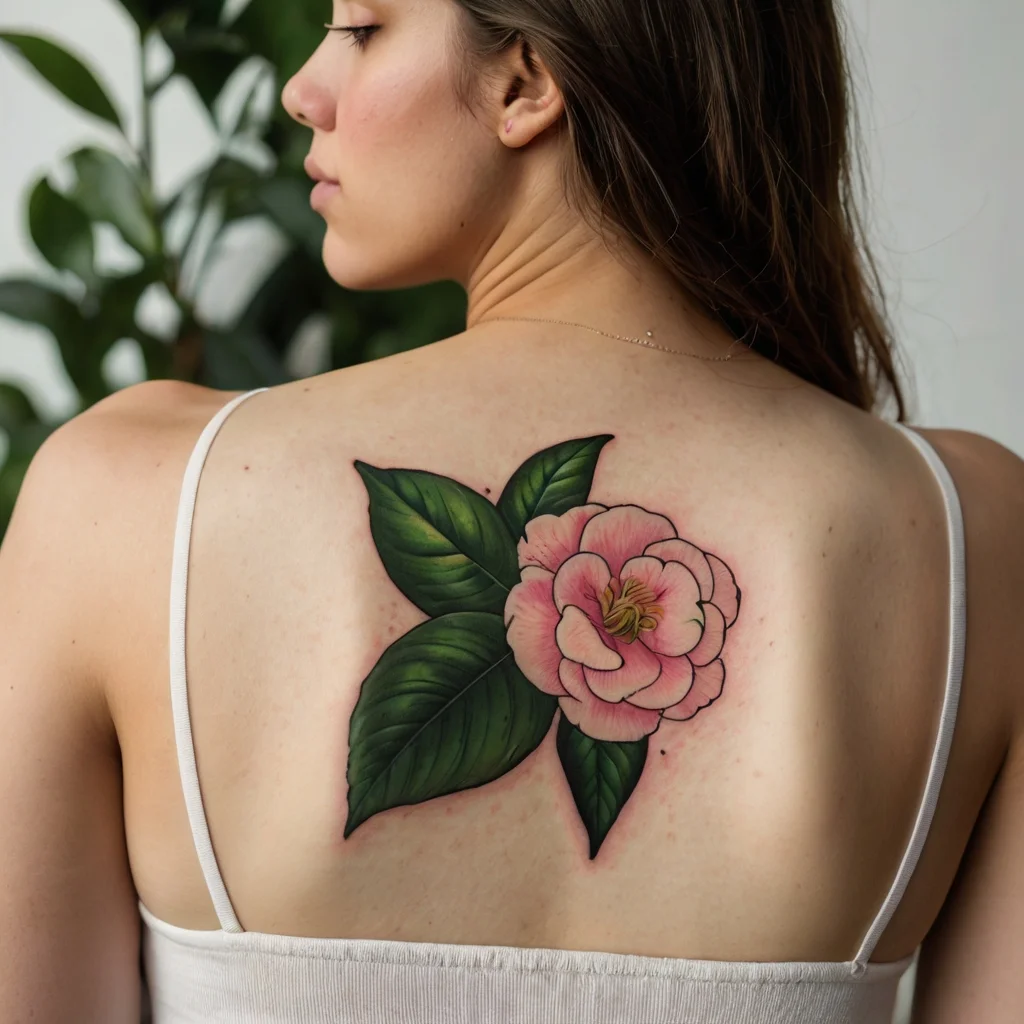 Tattoo of a pink camellia flower with detailed shading, surrounded by three large green leaves on the upper back.