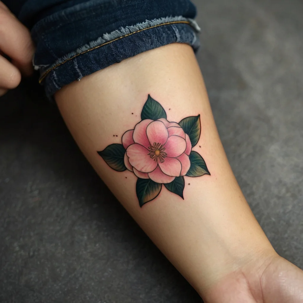 Tattoo of a pink camellia flower with dark green leaves, finely shaded petals, and dot details on forearm.