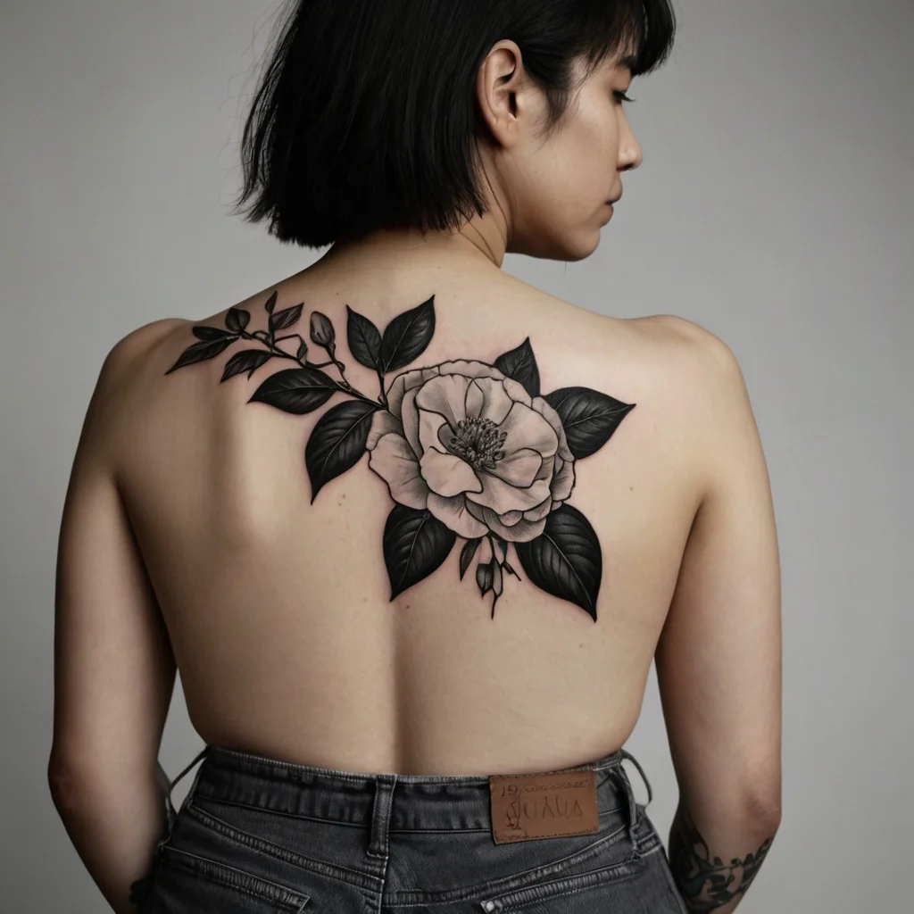 Black and gray floral tattoo featuring a large rose with intricate shading and detailed leaves on the upper back.