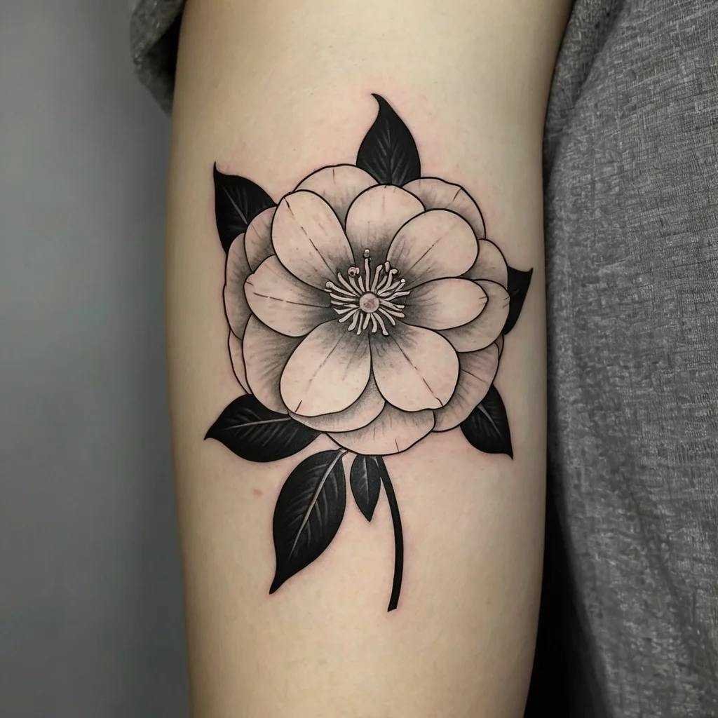 Black and gray tattoo of a stylized flower with bold dark leaves and a detailed shaded blossom.