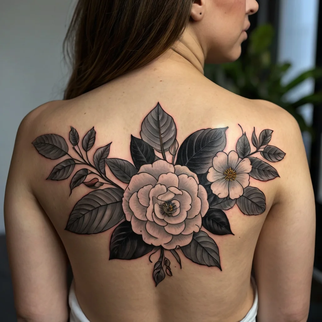 Tattoo of a large pink rose with dark leaves, detailed shading on upper back; a smaller flower complements the design.