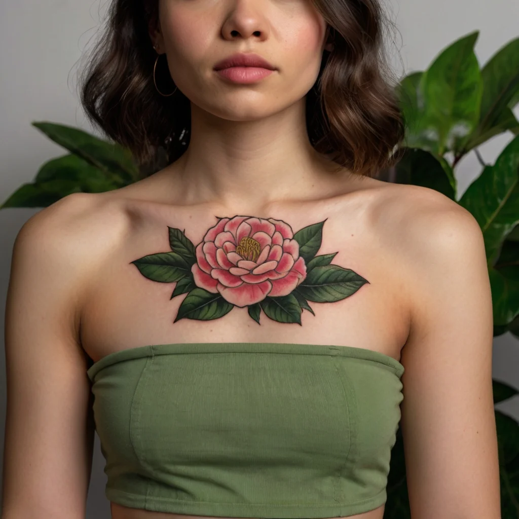 Chest tattoo of a vibrant pink peony with detailed green leaves, symbolizing beauty and honor.