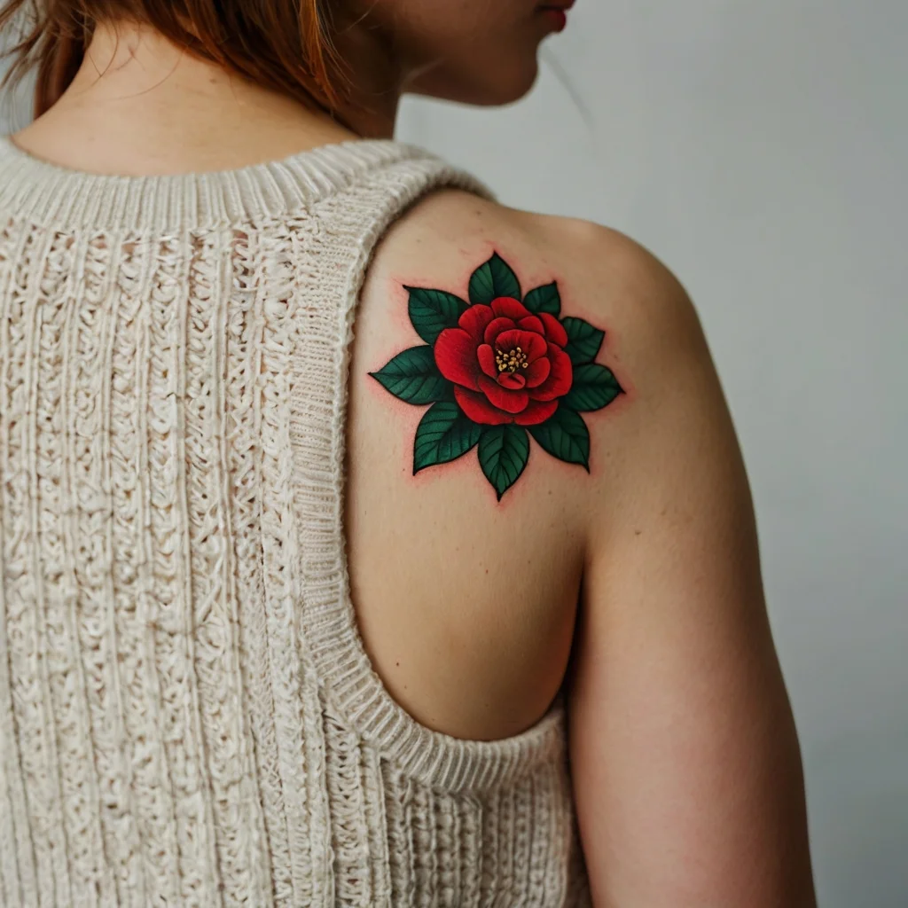 A vibrant red rose tattoo with lush green leaves on the shoulder, illustrating classic beauty and elegance.