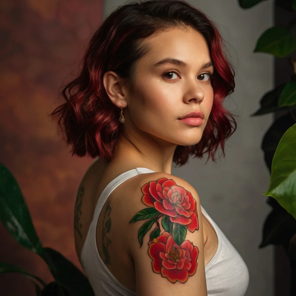 Red camellia flowers tattoo on shoulder, vibrant hues with green leaves, symbolizing love and admiration.