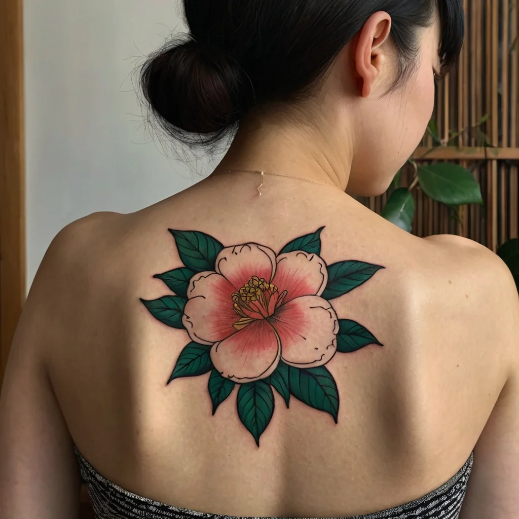 Tattoo of a large pink peony with green leaves on the upper back. The design features bold outlines and vibrant colors.