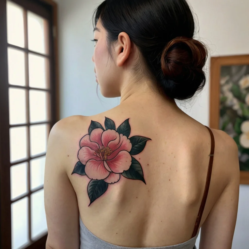 Tattoo of a pink flower with lush green leaves on the shoulder blade, blending traditional and realistic styles.