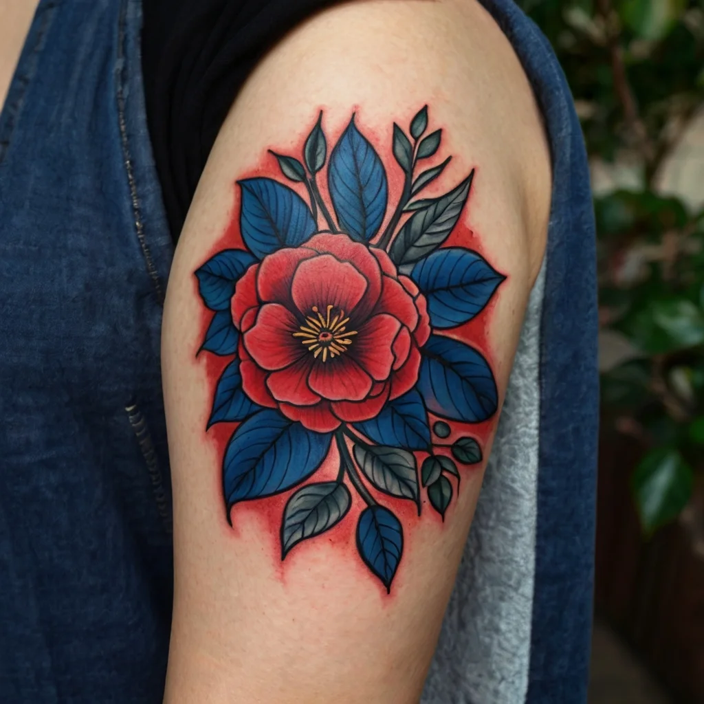 Bold floral tattoo with a red rose and blue leaves on the upper arm, featuring contrasting black outlines and shading.