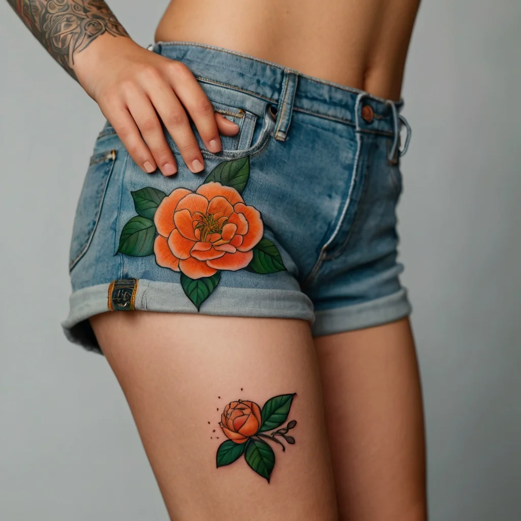 Stylized orange rose tattoo with green leaves on thigh; detailed petals and fine outlines add depth and elegance.