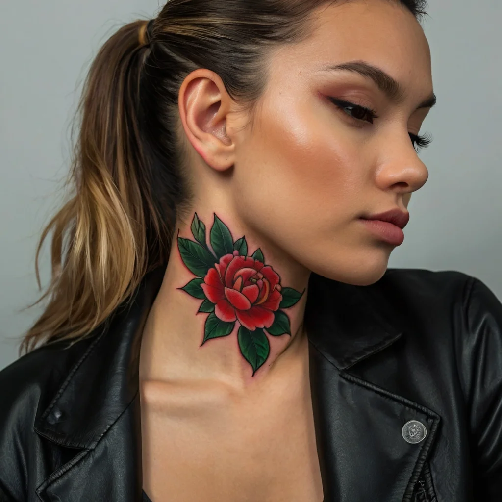 Neck tattoo featuring a vibrant red rose with bold green leaves, symbolizing beauty and strength.