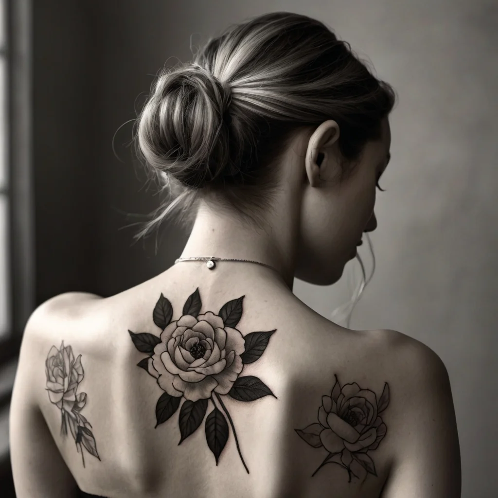 Elegant black and gray rose tattoos on woman's upper back, featuring detailed petals and leaves on each shoulder blade.