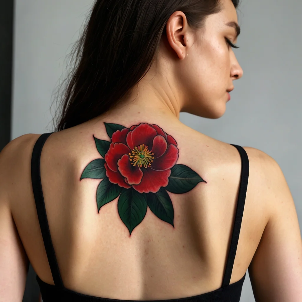 A vibrant red flower tattoo on the upper back, featuring detailed petals and green leaves, symbolizing beauty and vitality.