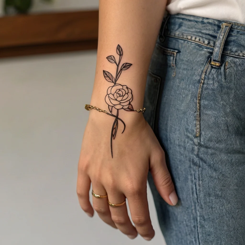 Minimalist rose with leaves tattooed on the forearm, featuring fine linework and elegant shading.