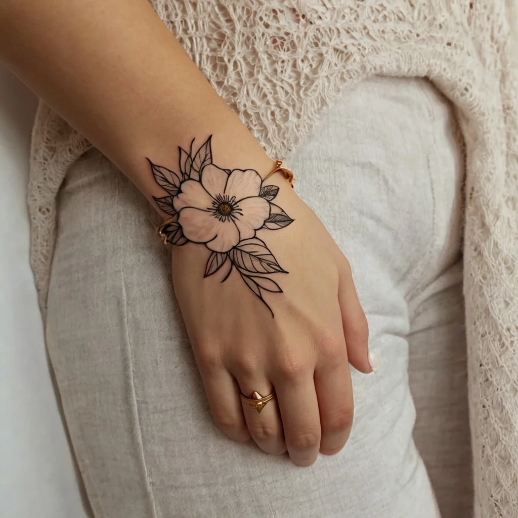 Elegant black line tattoo of a large flower with detailed petals and leaves on the back of the hand.