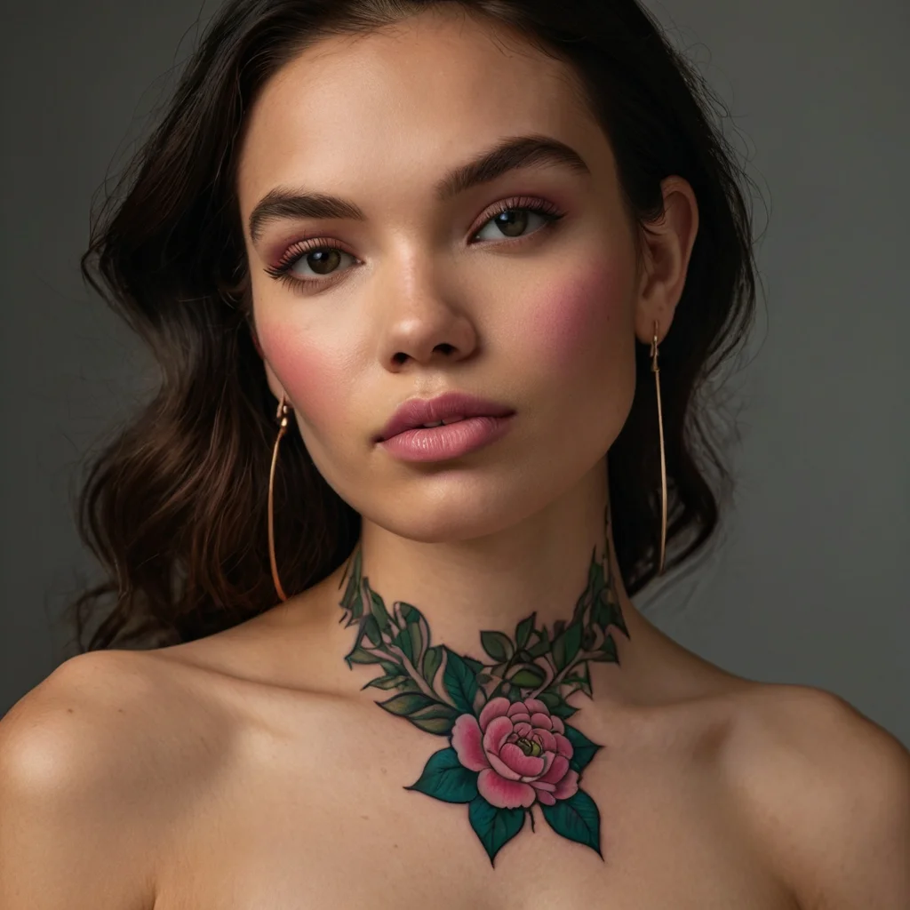 Neck tattoo featuring a detailed pink peony with lush green leaves, symbolizing beauty and elegance.