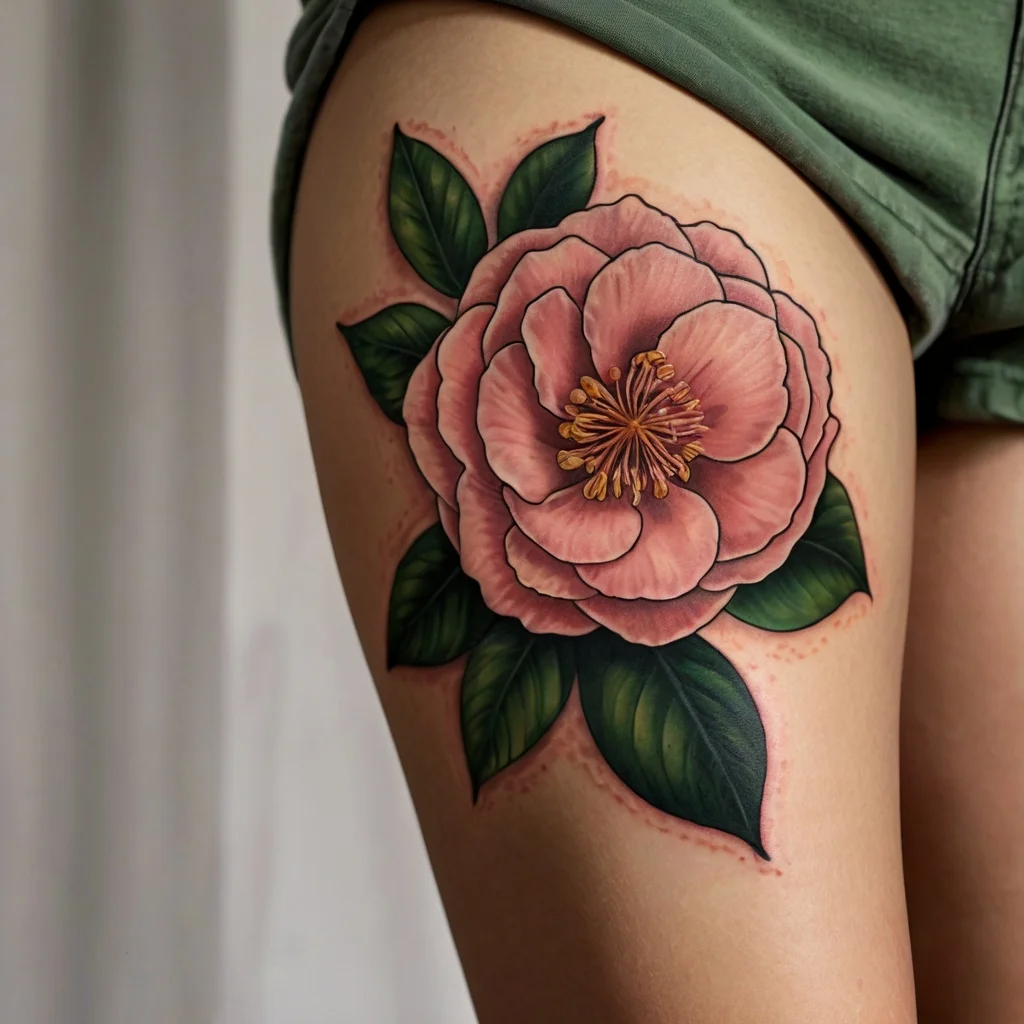 Thigh tattoo of a vibrant pink camellia with deep green leaves, showcasing bold outlines and intricate petal details.