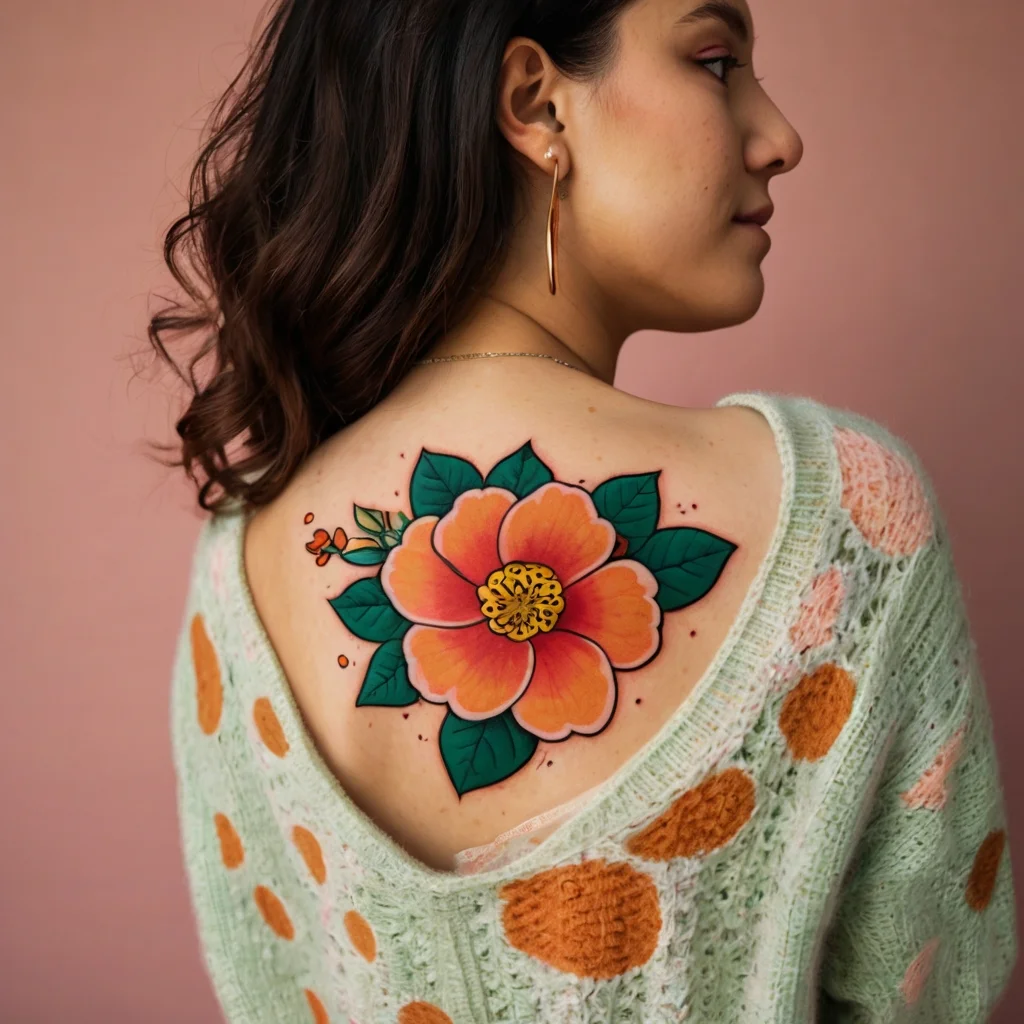 Colorful floral tattoo on upper back, featuring an orange flower with green leaves, outlined in bold black ink.