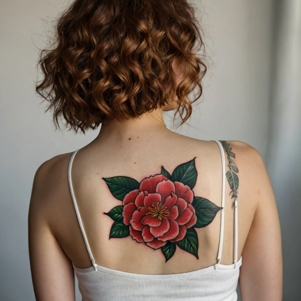 Red camellia tattoo with lush green leaves on upper back, featuring vibrant colors and fine detailing.