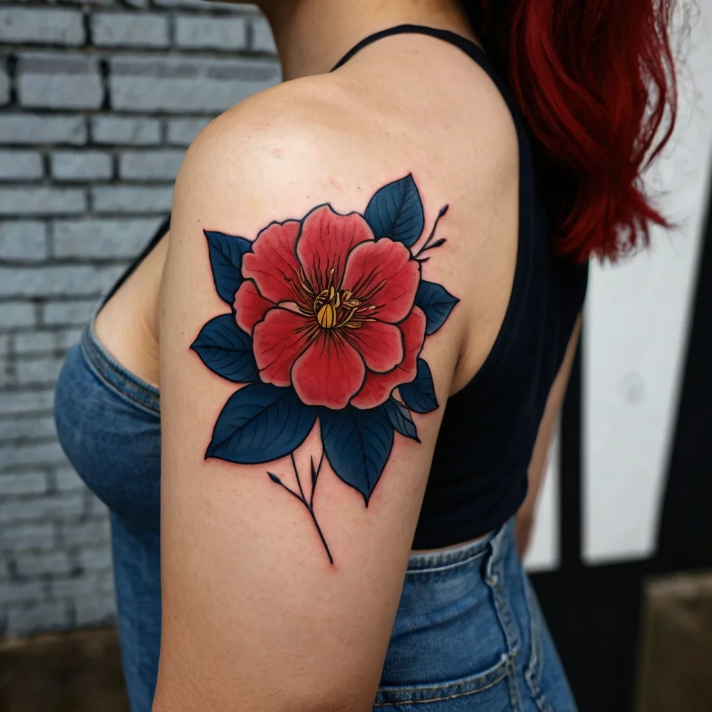 A vibrant tattoo of a red camellia flower with blue leaves on the upper arm, showcasing bold outlines and rich colors.