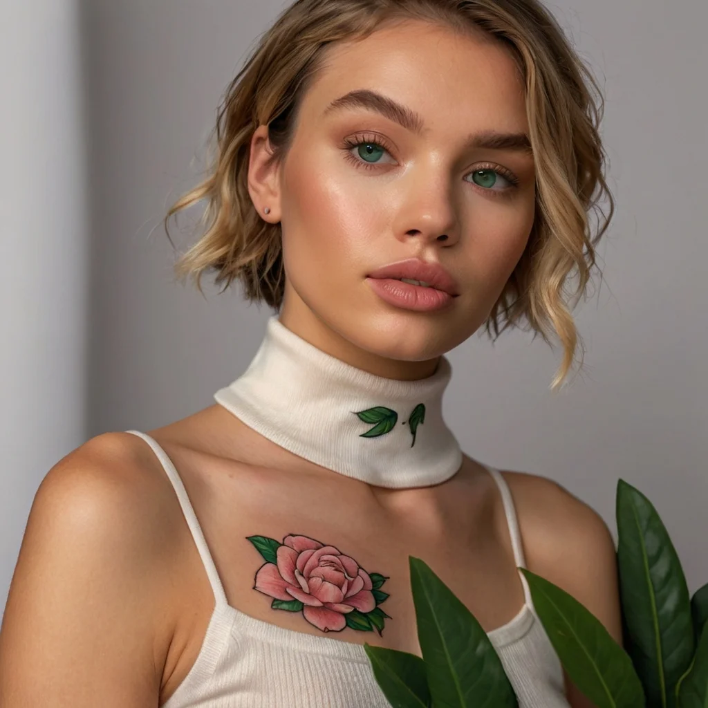 Chest tattoo of a pink rose with green leaves, small leaf design on neck, symbolizing beauty and growth.