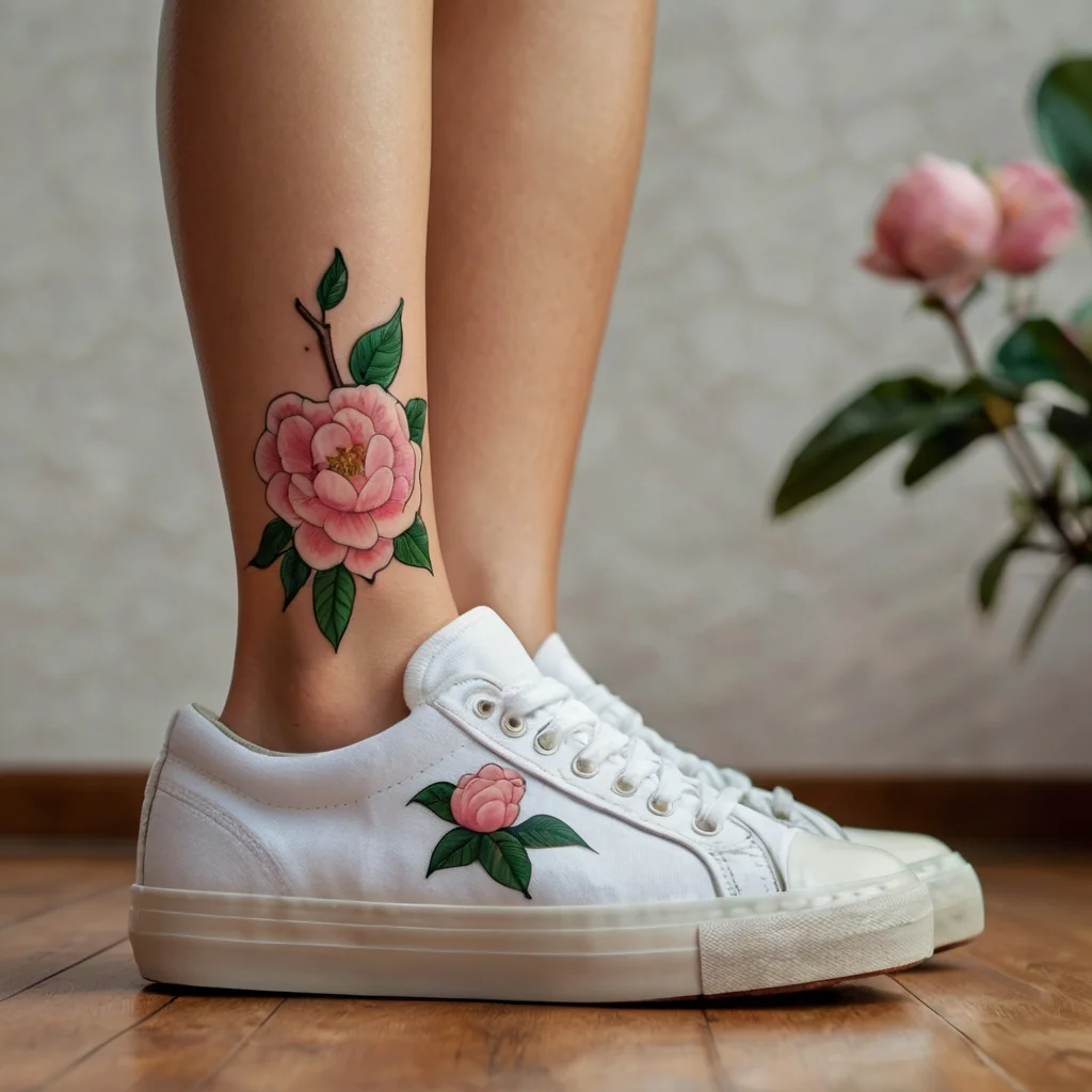 A delicate pink camellia tattoo on the ankle with green leaves, symbolizing love and admiration. Matches shoe embroidery.