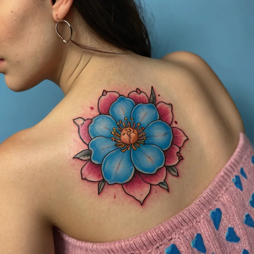 Tattoo of a vibrant blue flower with pink petals and orange center on shoulder blade, featuring bold outlines.