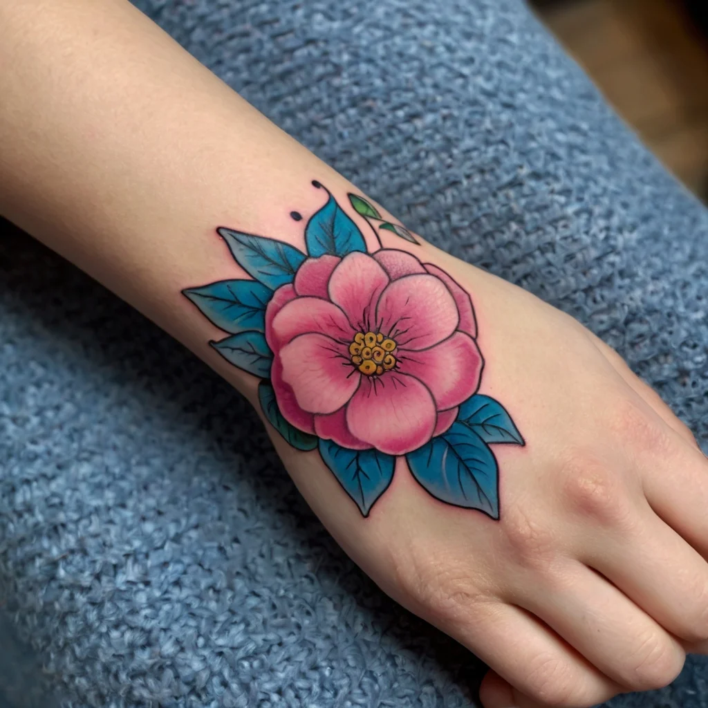 Tattoo of a vibrant pink flower with blue-green leaves on the hand, featuring bold outlines and shaded petals.