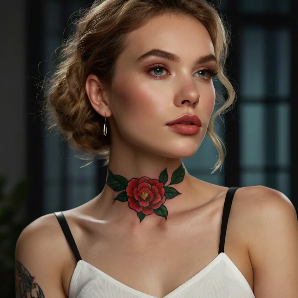 Neck tattoo of a vibrant red rose with green leaves, symbolizing beauty and strength, elegantly placed on the collarbone.