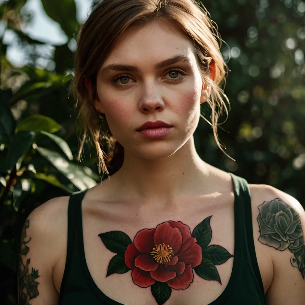 Chest tattoo of a red camellia with green leaves, symbolizing love and passion. Arm tattoos of roses in black and gray.