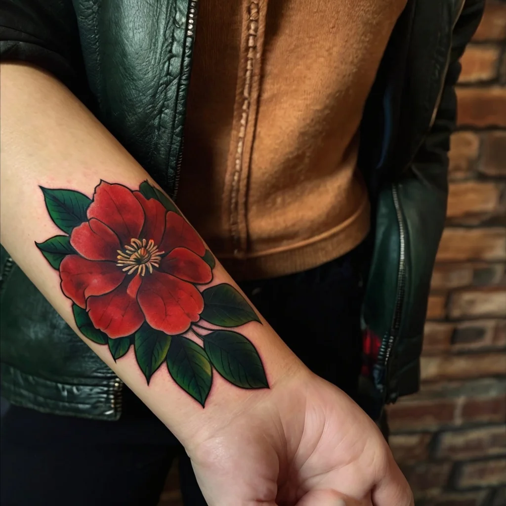 Tattoo of a vibrant red flower with green leaves on the forearm, showcasing bold outlines and rich shading.