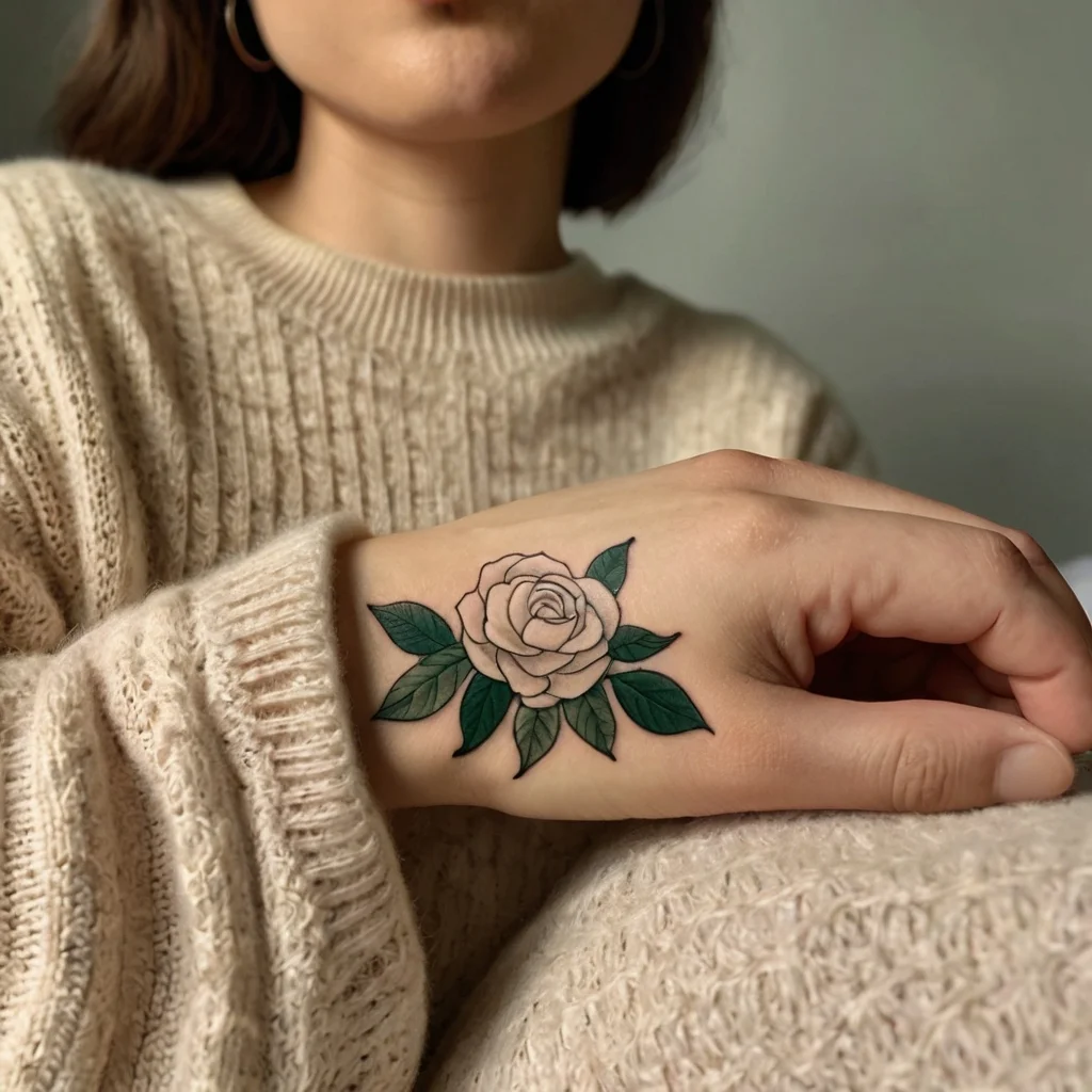 Tattoo of a delicate rose with soft pink petals and vibrant green leaves on the back of the hand, exuding elegance.