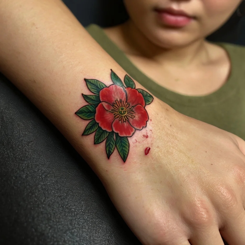 Bold red flower tattoo with detailed green leaves and black outlines on the wrist, symbolizing beauty and strength.