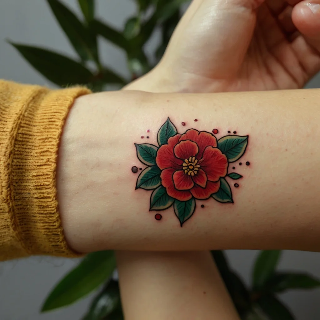 Colorful bold red flower tattoo with green leaves and dotted accents, showcasing vibrant traditional style.