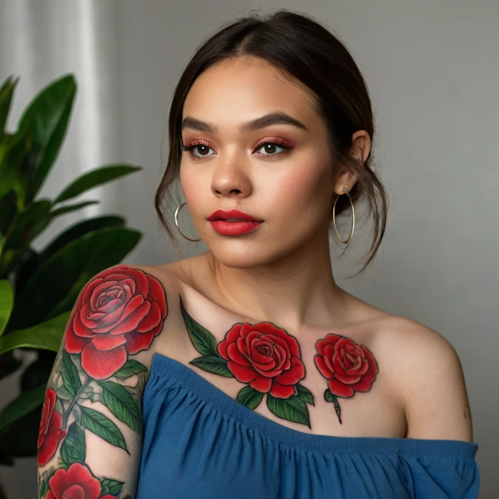 Woman with vibrant red roses tattooed on her shoulder and chest, with detailed green leaves, wearing a blue off-shoulder top.