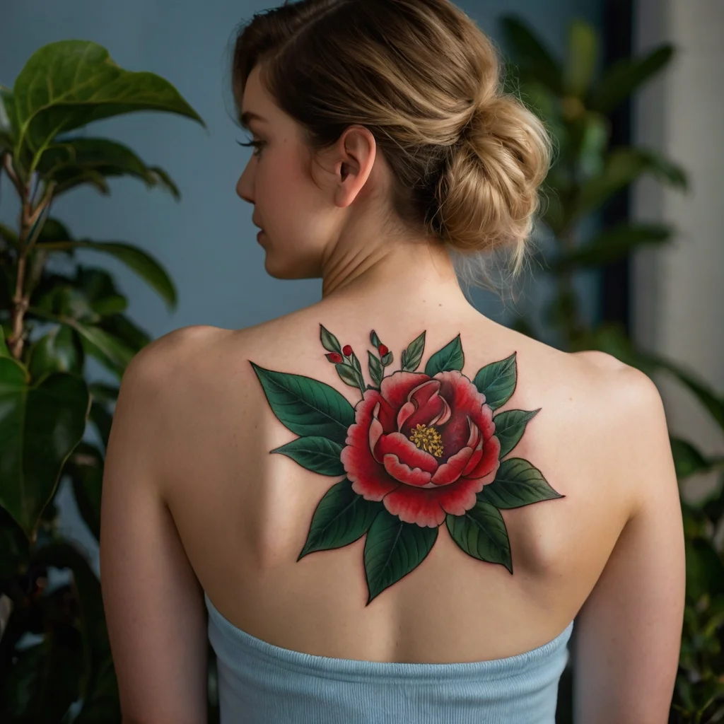 A vibrant red peony tattoo on the upper back, accented with green leaves, symbolizing beauty and strength in bold colors.