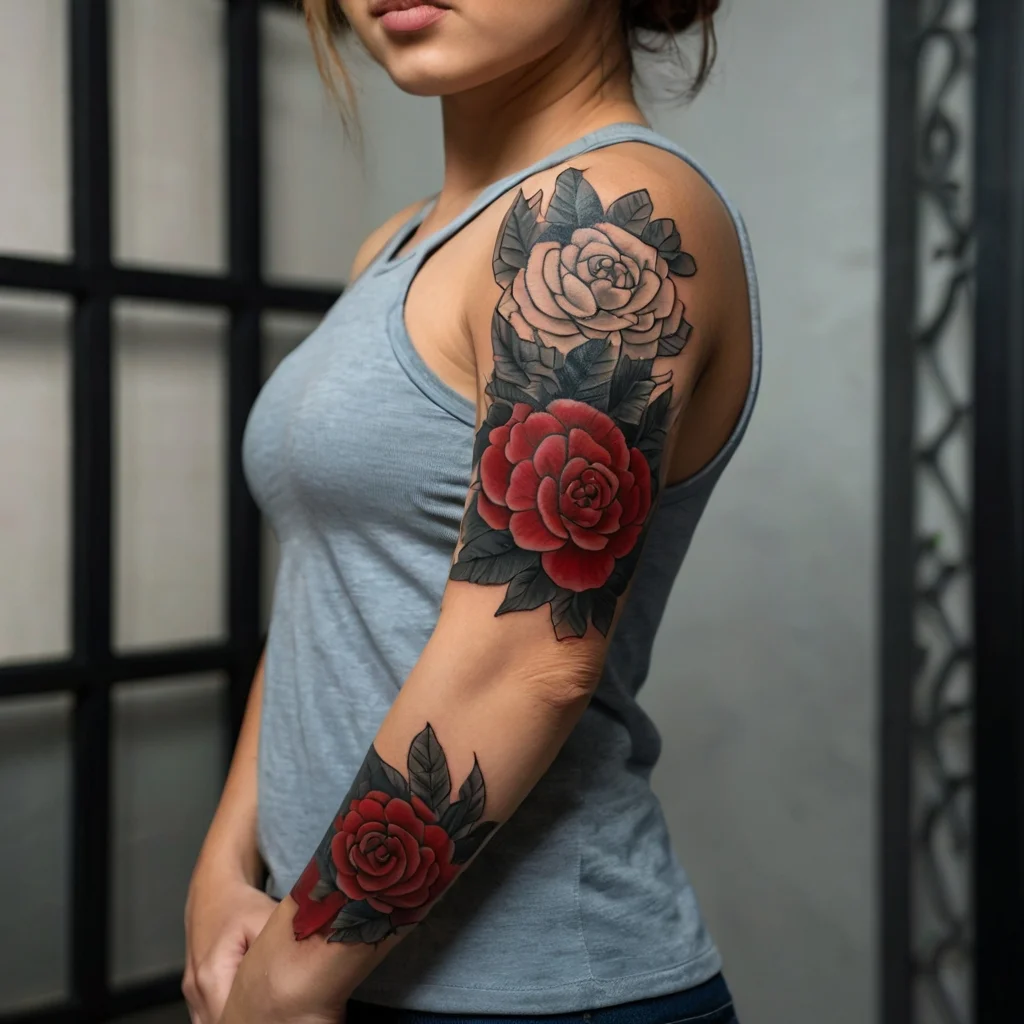 Stylized black and red rose tattoo sleeve with detailed petals and leaves on a woman's arm, blending classic and modern design.