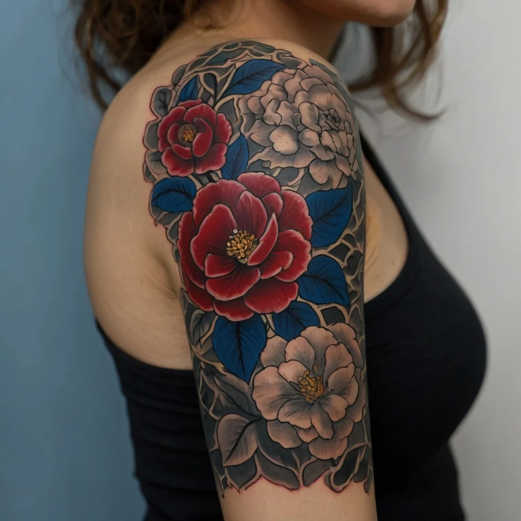 Vibrant floral tattoo with red and soft pink peonies, rich blue leaves, and intricate shading on the shoulder and upper arm.