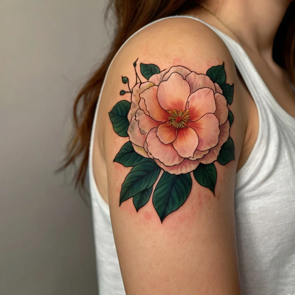 Large, intricate peach-colored flower tattoo with vivid green leaves, placed on the upper arm.