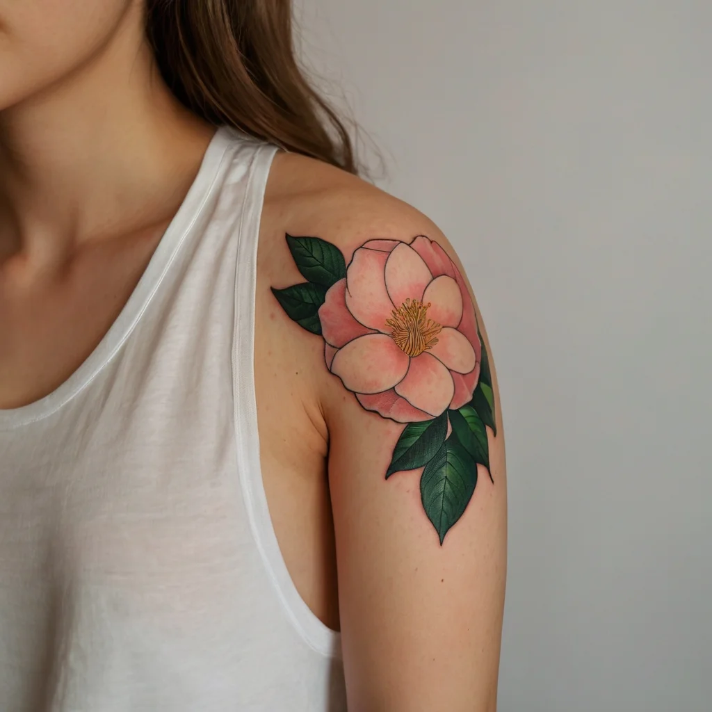 Colorful pink flower tattoo on shoulder with detailed petals, green leaves, and a golden center.