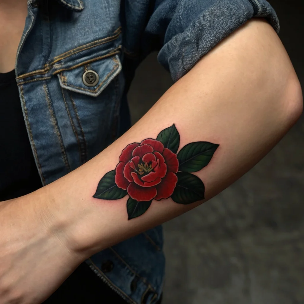 Tattoo of a vibrant red rose with lush green leaves on the forearm, showcasing bold outlines and classic style.