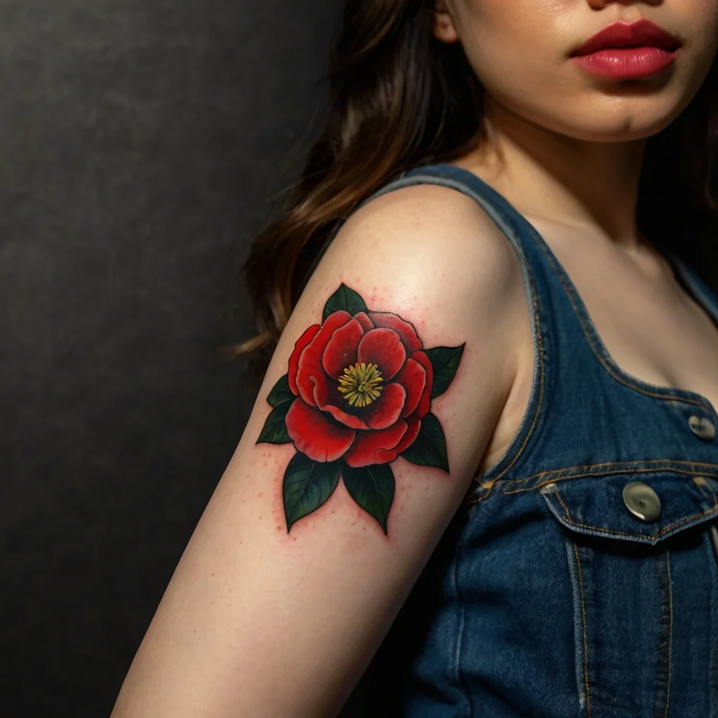 Bold red rose tattoo with green leaves, intricate shading, and a yellow center on the upper arm.