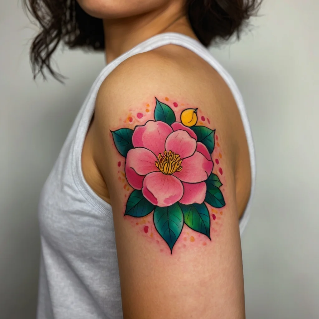 Colorful tattoo of a pink camellia with vibrant green leaves and yellow accents on upper arm, surrounded by orange dots.