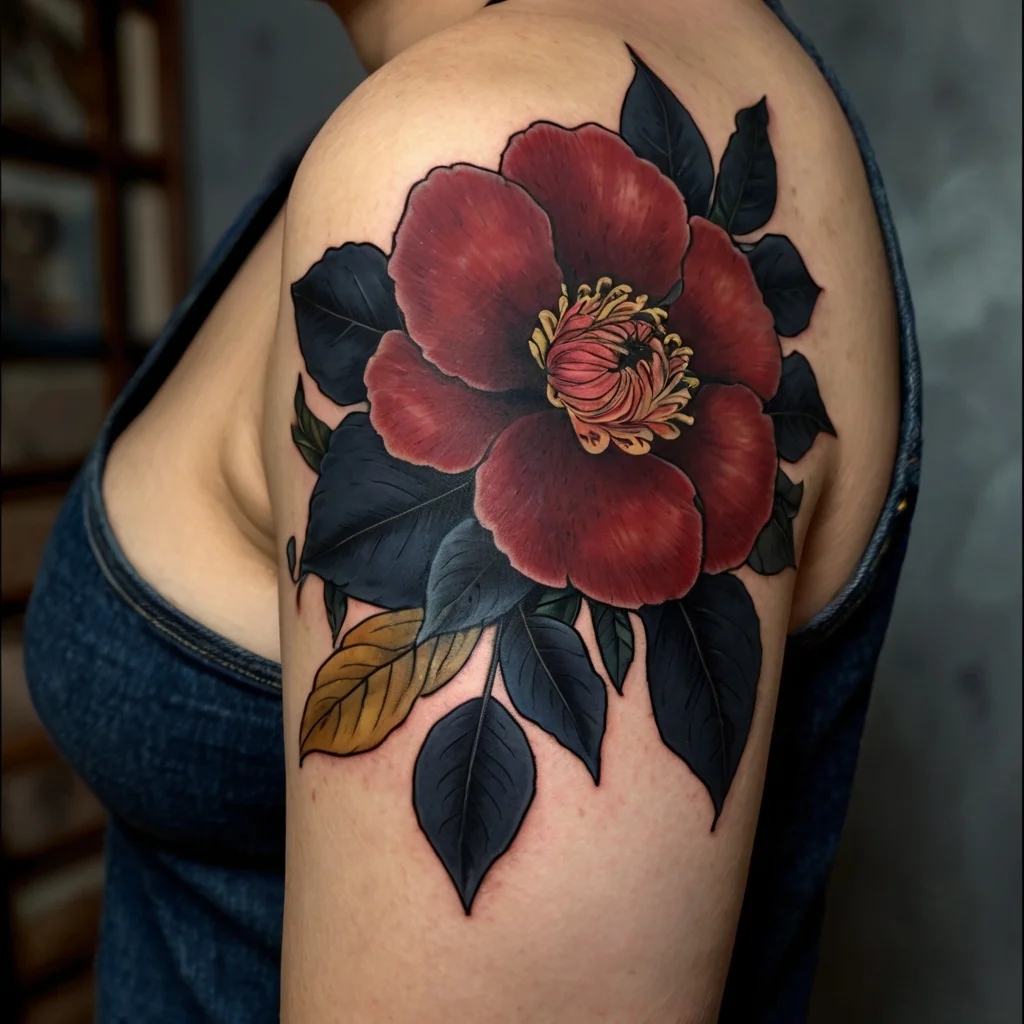 Tattoo of a bold red camellia flower with intricate petals, surrounded by dark leaves in a realistic style on the shoulder.